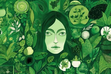 Wall Mural - woman portrait surrounded by floral and foliage elements. Generative AI