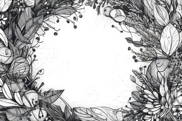 Sticker - delicate monochrome floral wreath drawing. Generative AI