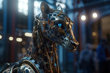 Poster - blue giraffe cyber robotic creature background generative ai