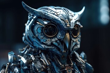 Wall Mural - Blue Owl Robotic Creature Design Generative AI