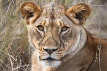 Sticker - Panthera leo, an endangered member of the genus Panthera and a species of the family Felidae, on the grass at Tanzania's Serengeti National Park. Generative AI