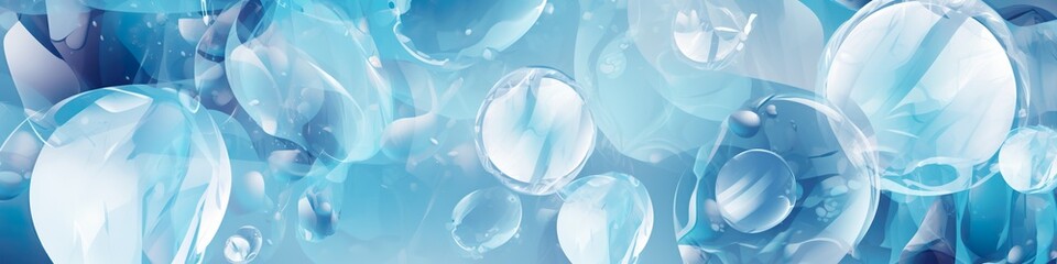 Calm blue white panoramic banner featuring abstract water shapes and bubbles, AI generative panorama