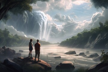 Wall Mural - Trending on Artstatbfu: Award-Winning Glass & Steel Pastel Photography of a Couple Gazing at Epic Rapids & Voluminous Skies over Mountain Peaks, Generative ai