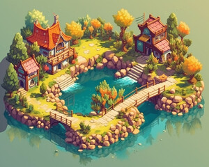 Ai illustration of fantasy port fishing village island, cartoon in low polygonal 3d model style, isometric diorama, aerial view of island with water, lake, tree, log bridge. Gaming concept, landscape.