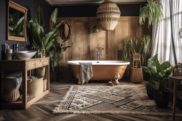 Poster - White and dark bohemian wooden bathroom and bedroom. Bathtub, bed, towel rack, potted plants. Tropical wallpaper. Rustic interior design,. Generative AI