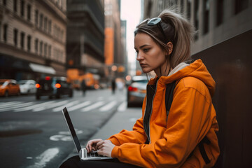 Wall Mural - Young woman in orange hoodie sitting in New York and doing work on laptop. Student or freelancer lifestyle. High quality generative ai