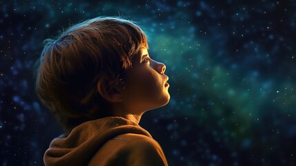 boy looking at night starry sky with glitter glow galaxy.  Created with generative AI.