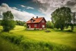 Beautiful red house on a green field grass in Sweden. Generative AI