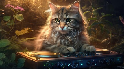 Wall Mural - cute cat dj fashionable portrait. created with generative ai.