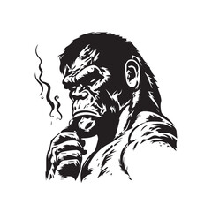 Cool smoking gorilla mascot holding cigarette. Black white line art tattoo vector illustration