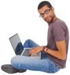 © vectorfusionart - Man wearing glasses sitting on floor using laptop and looking at camera