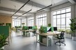 Green open plan office featuring eco-friendly design elements and a spacious layout for a productive and comfortable work environment. generative ai