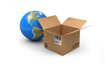 Poster - 3D image of globe by open cardboard box