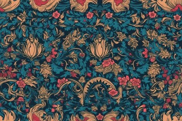 Poster - floral wallpaper design in shades of blue and red. Generative AI