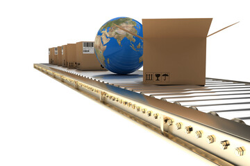 Poster - Globe amidst cardboard boxes on 3D conveyor belt