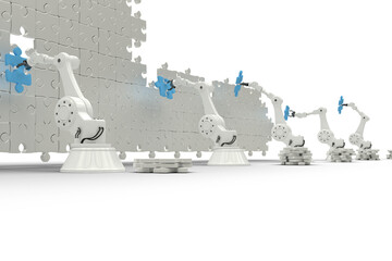 Poster - robotic arms arranging blue jigsaw piece on puzzle