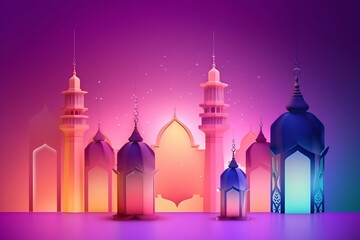 Poster - Eid background with mosque and vibrant hues of the gradient background and purple harmoniously blend with the iconic shape of the mosque. Eid background concept with copy space. generative ai