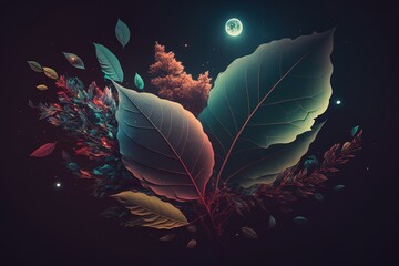 Fototapete - On the left, you'll see some leaves and blank space. Generative AI