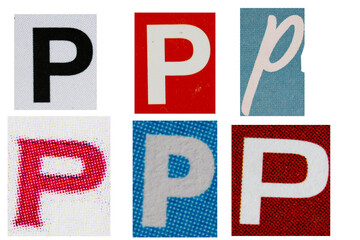 Letter p magazine cut out font, ransom letter, isolated collage elements for text alphabet, ransom note