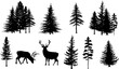 © Mimi Art Smile - Pine tree and reindeer vector illustration set. Black silhouette.