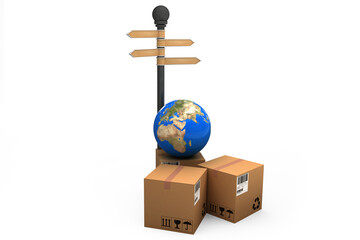 Canvas Print - Parcel with globe by road sign