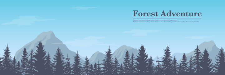 Wall Mural - Blue sky and mountain and pine trees landscape vector illustration. Forest panorama view. Spruce silhouette. Banner background.