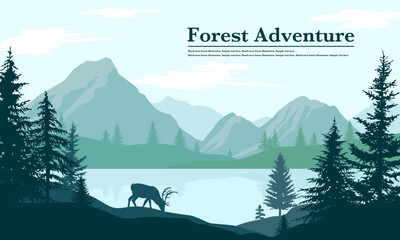 Mountain nature view vector illustration. Flat panorama view of lakeside. Reindeer and pine tree silhouette. Traveling and camping poster design.