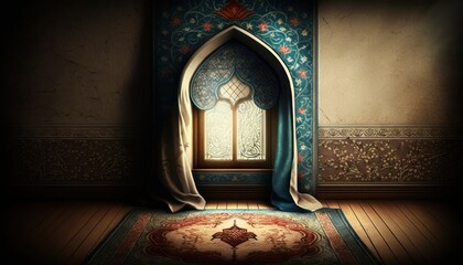 Ornate Prayer Mat in Beautiful Ramadan Wallpaper: Exquisite Illustration of Traditional Stunning Design, Perfect for Ramadan Decor and Festive Greetings (Generative AI)