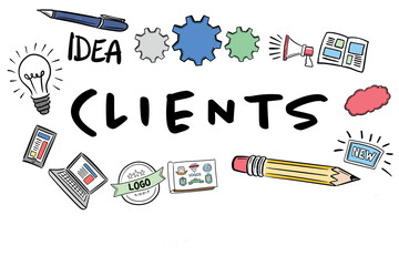 Poster - Clients text surrounded by various icons 