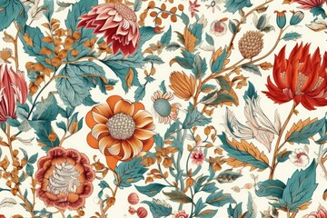 Canvas Print - colorful floral wallpaper pattern with various flowers and leaves. Generative AI