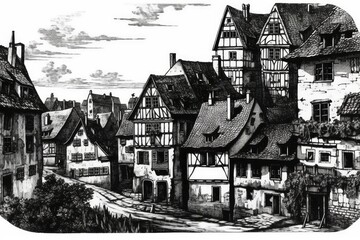Poster - old architecture in a black and white sketch. Generative AI