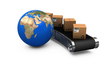 Poster - Digital composite image of cardboard boxes on conveyor belt by globe
