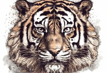 Canvas Print - Tiger's head. Illustration of a majestic jungle animal with an aggressive cartoon front face, hunting trophy emblems, and an isolated white background. Generative AI