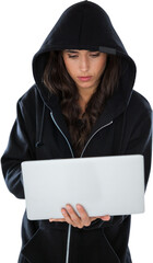 Wall Mural - Focused female hacker in black hoodie using laptop