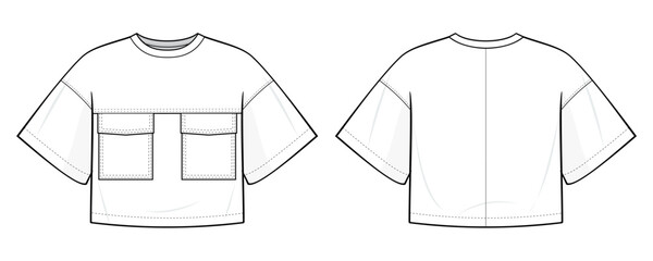 Wall Mural - Oversized Cropped Short Sleeve T-Shirt fashion flat technical drawing template. With 2 patch pockets. T-shirt template front and back view, white color. Unisex. men, women. CAD mock-up.