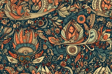 Sticker - vibrant floral pattern with blue and orange hues and intricate leaf details. Generative AI