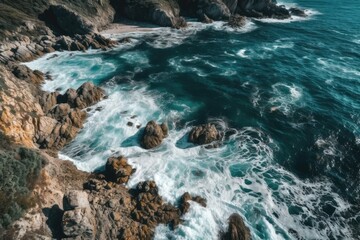 Sticker - From above, the coast serves as the background. a background of turquoise water seen from above. aerial view of the sea in summer. Indonesian island of Nusa Penida. image of travel. Generative AI