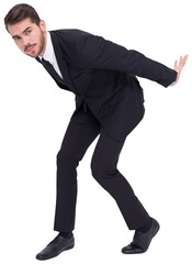 Canvas Print - Businessman carrying something with his back and hands