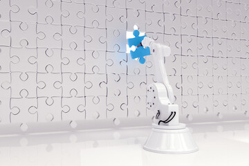 Poster - robotic hand setting up blue jigsaw piece on puzzle