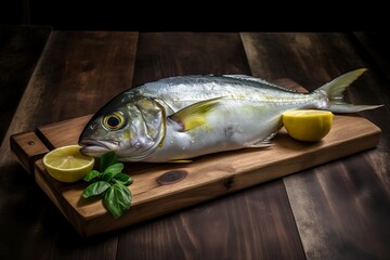 Raw dorado fish on cutting board on the table.backgro