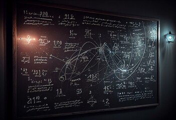 wide blackboard inscribed with scientific formulas and calculations in physics, mathematics and elec