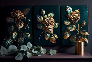 Canvas Print - Oil painting with flower rose, gold leaves. Botanic print background on canvas -  triptych In Interior, art. Generative AI