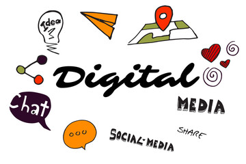 Poster - Digital text amidst various icons 