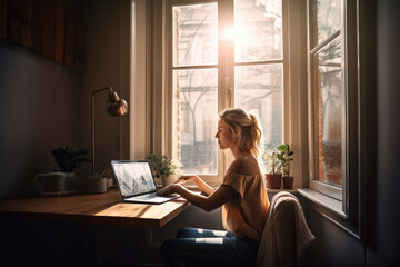 a woman sitting in front of a window looking out at the sun shining through her laptop and holding a plant. Generative AI