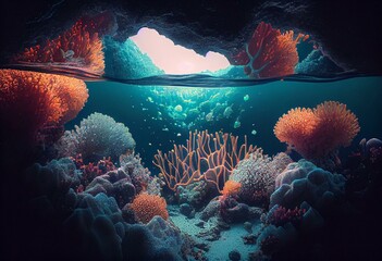 Wall Mural - magnificent glowing reef with crystal clear water. Generative AI