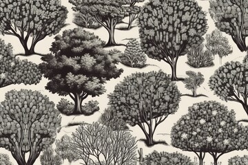 Poster - black and white forest landscape with trees and bushes in a repetitive pattern. Generative AI