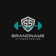 Creative letter SS logo design for gym or fitness with simple shield and barbell design style