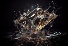 Big clear diamond on dark background with water splashes - Generative AI