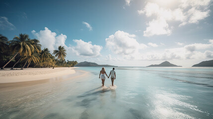 a man walking on the beach with his surfboard in hand and palm trees in the other side of the water. Generative AI