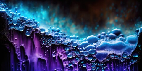 Wall Mural - Lustrous pebble drops of vibrant blue and translucent amethyst geode rock, sticky dripping and melting textures, flowing fluid like crystals, bokeh blur background, macro closeup - generative AI.